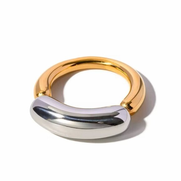 NWT 18K Gold Plated Minimalist Statement Chunky Ring Sz. 7 Two-tone Avant Garde - Picture 1 of 14